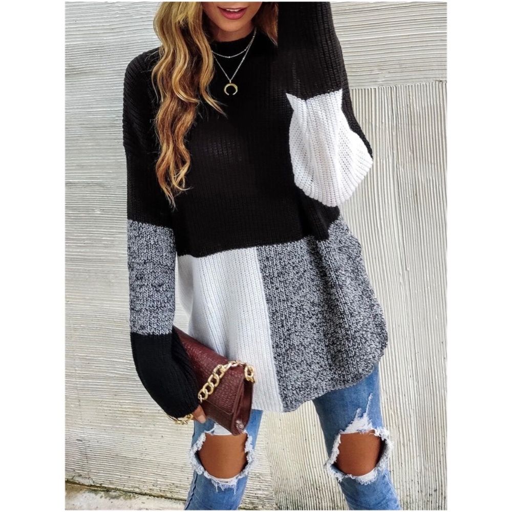 Cozy Color Block Knit Oversized Sweater Top - image 1